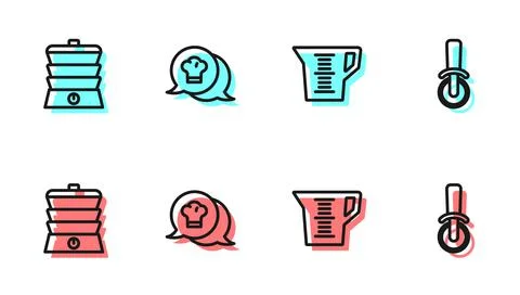 Set line Measuring cup, Slow cooker, Chef hat speech bubble and Pizza knife icon Stock Illustration