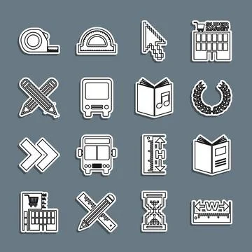 Set line Measuring height and length, Open book, Laurel wreath, Pixel arrow Stock Illustration