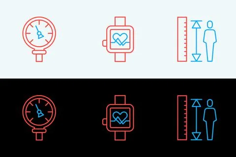Set line Measuring height body, Pressure water meter and Smart watch icon. .. Иллюстрация