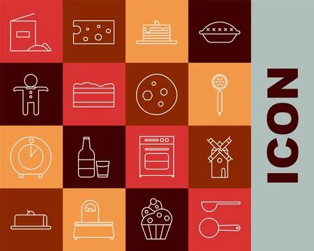 Set line Measuring spoon, Windmill, Strainer, Stack of pancakes, Brownie choc Stock Illustration