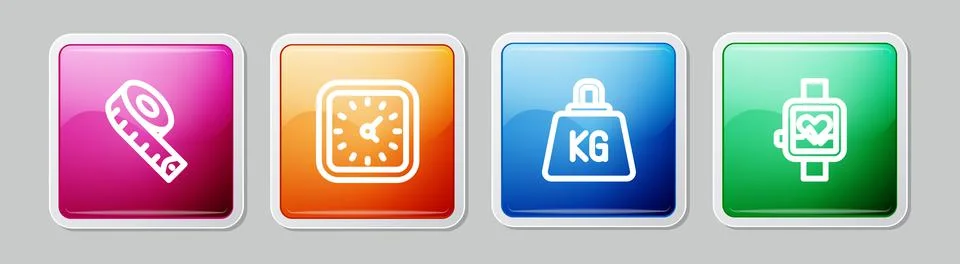 Set line Measuring tape, Clock, Weight and Smart watch. Colorful square button Stock Illustration