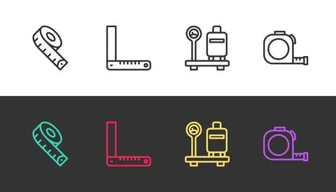 Set line Measuring tape, Corner ruler, Scale with suitcase and Roulette Illustrazione stock