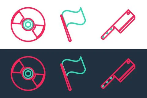 Set line Meat chopper, CD or DVD disk and Flag icon. Vector 스톡 일러스트