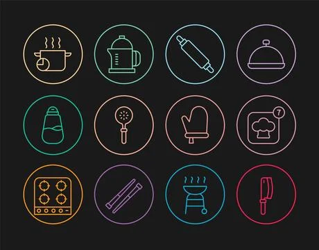 Set line Meat chopper, Chef hat, Rolling pin, Spatula, Salt, Cooking pot, O.. Stock Illustration