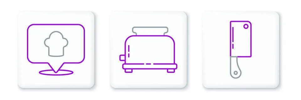 Set line Meat chopper, Chef hat with location and Toaster icon. Vector イラスト素材