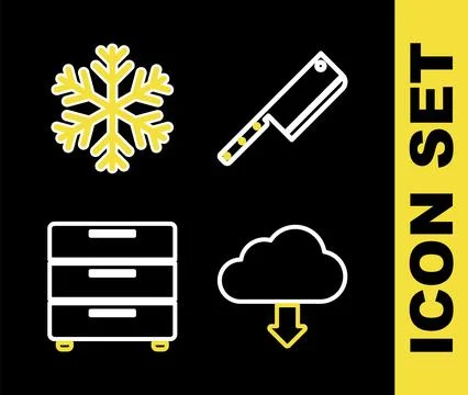 Set line Meat chopper, Cloud download, Furniture nightstand and Snowflake icon Stock Illustration