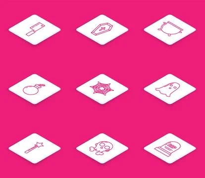 Set line Meat chopper, Coffin with christian cross, Halloween witch cauldro.. Stock Illustration