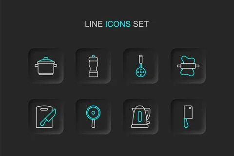 Set line Meat chopper, Electric kettle, Frying pan, Cutting board and knife.. Stock Illustration