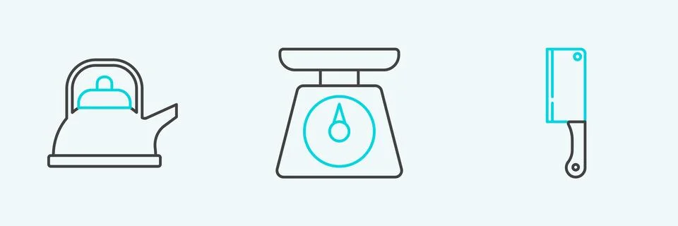 Set line Meat chopper, Kettle with handle and Scales icon. Vector Illustration