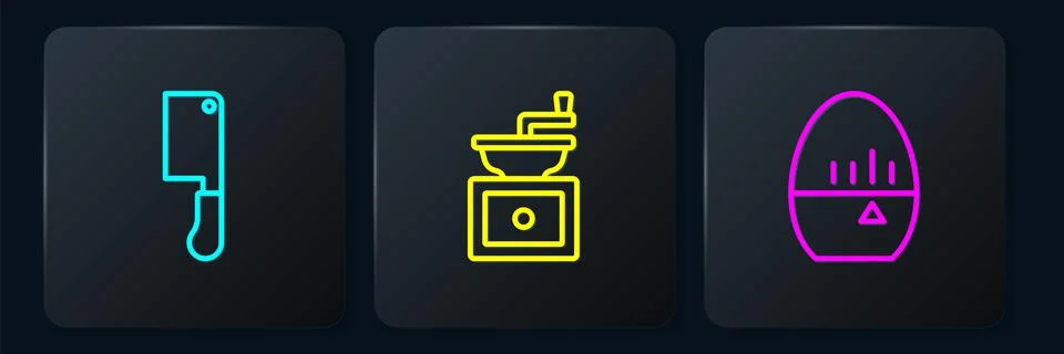 Set line Meat chopper, Kitchen timer and Manual coffee grinder. Black square Stock Illustration