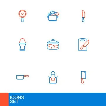 Set line Meat chopper, Kitchen apron, Frying pan, Cutting board and knife, .. Stock Illustration