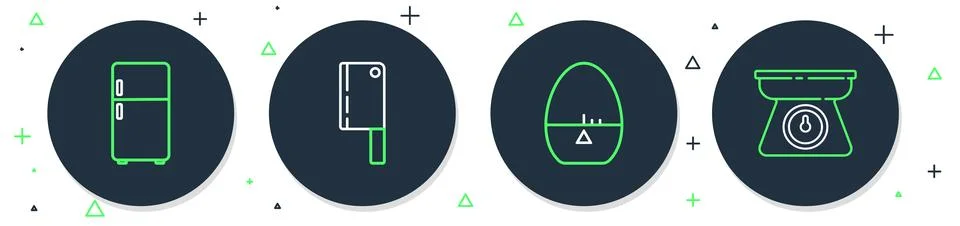 Set line Meat chopper, Kitchen timer, Refrigerator and Scales icon. Vector Stock Illustration