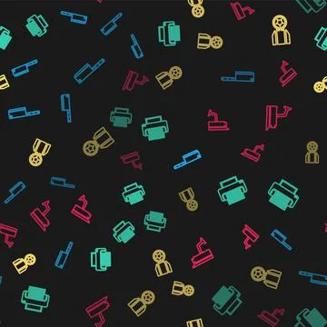 Set line Meat chopper, Printer, Medal with star and Security camera on seamless Stock Illustration