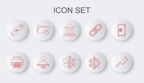 Set line Meat chopper, Printer, Bank building, Sun and snowflake, USB flash.. Ilustración de archivo