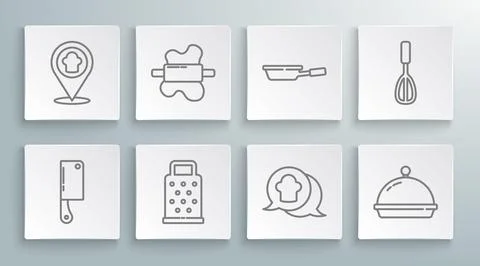 Set line Meat chopper, Rolling pin on dough, Grater, Chef hat speech bubble,  Stock Illustration