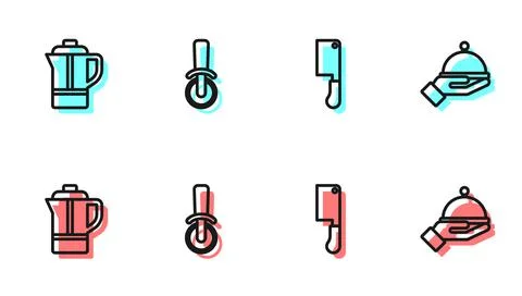 Set line Meat chopper, Teapot, Pizza knife and Covered with tray icon. Vector Illustrazione stock