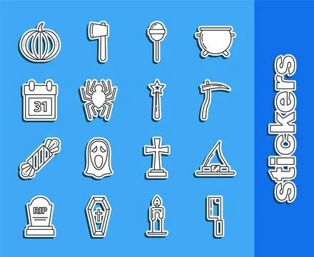 Set line Meat chopper, Witch hat, Scythe, Lollipop, Spider, Calendar with H.. Stock Illustration