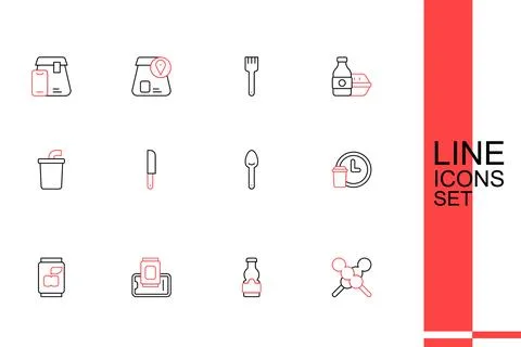 Set line Meatballs on wooden stick, Sauce bottle, Food ordering mobile, Sod.. Stock Illustration