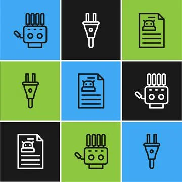 Set line Mechanical robot hand, Technical specification and Electric plug icon Stock Illustration