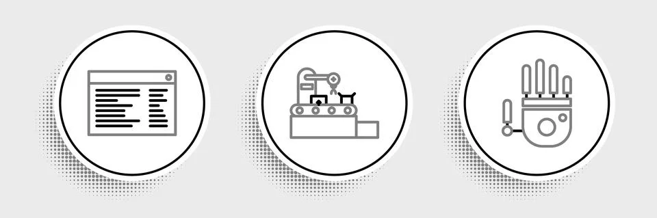 Set line Mechanical robot hand, Software, web developer programming code and Stock Illustration