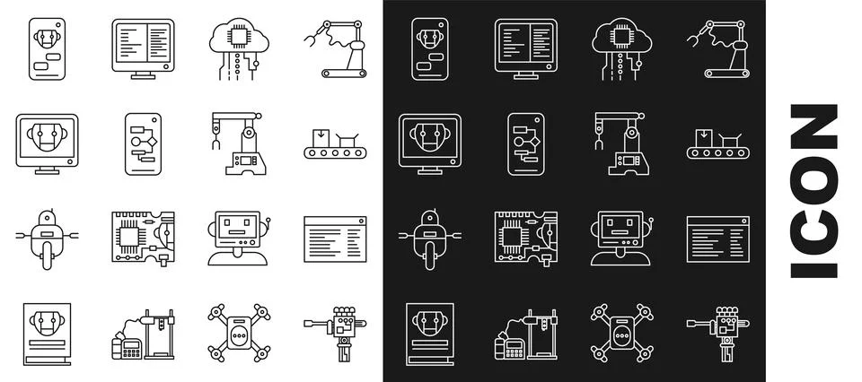 Set line Mechanical robot hand and screwdriver, Software, web developer Illustrazione stock