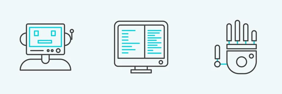 Set line Mechanical robot hand, Robot and Computer monitor screen icon. Vecto Stock Illustration
