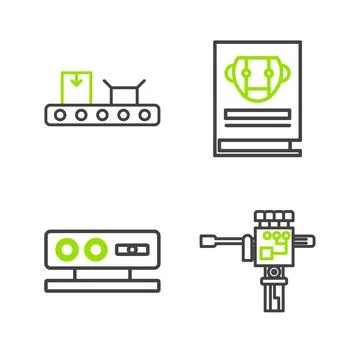 Set line Mechanical robot hand and screwdriver, 3d scanning system, User manu Illustrazione stock