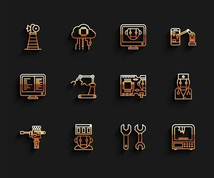 Set line Mechanical robot hand and screwdriver, Robot, Antenna, Spanner, 3D p 스톡 일러스트