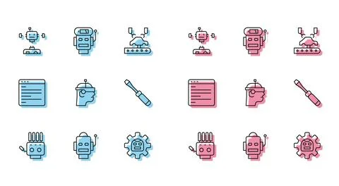 Set line Mechanical robot hand, Robot, Disassembled, Smart glasses, Screwdriver Stock Illustration