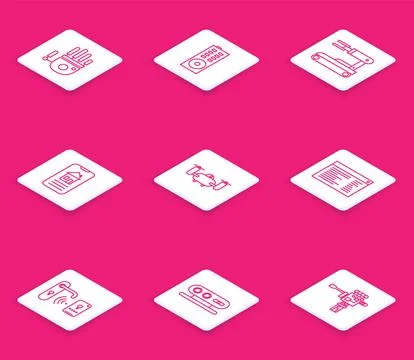 Set line Mechanical robot hand, Drone flying with action camera, Software, web Stock Illustration