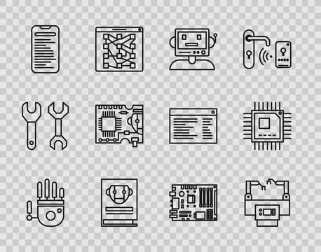 Set line Mechanical robot hand, Computer api interface, Printed circuit board Stock Illustration