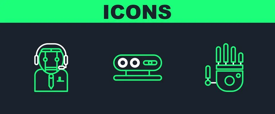 Set line Mechanical robot hand, Worker and 3d scanning system icon. Vector Stock Illustration