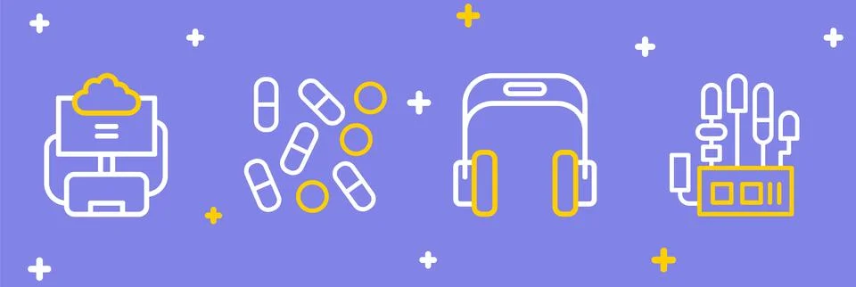 Set line Mechanical robot hand, Headphones, Medical pill biohacking and Clo.. 库存插图