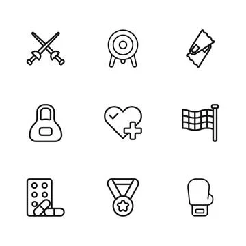 Set line Medal, Checkered flag, Boxing glove, Heart rate, Flippers for swim.. 스톡 일러스트