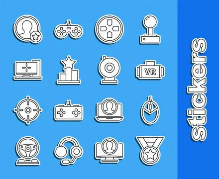 Set line Medal, Computer mouse gaming, Virtual reality glasses, Gamepad, Star Illustrazione stock