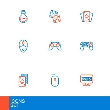 Set line Medal, Computer mouse, Playing cards, Game controller or joystick,.. Stock Illustration