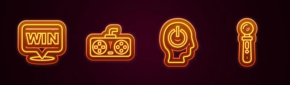 Set line Medal, Game controller or joystick, Power button and VR game. Glowing Illustrazione stock