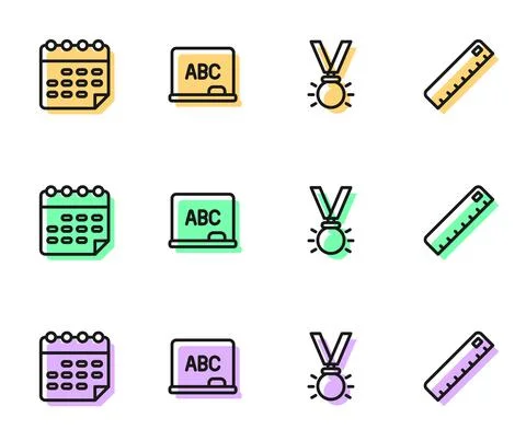 Set line Medal, School timetable, Chalkboard and Ruler icon. Vector Stock Illustration
