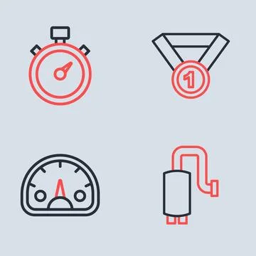 Set line Medal, Speedometer, Car muffler and Alloy wheel for car icon. Vector Stock Illustration