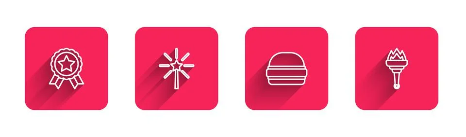 Set line Medal with star, Firework, Burger and Torch flame with long shadow. Red Stock Illustration