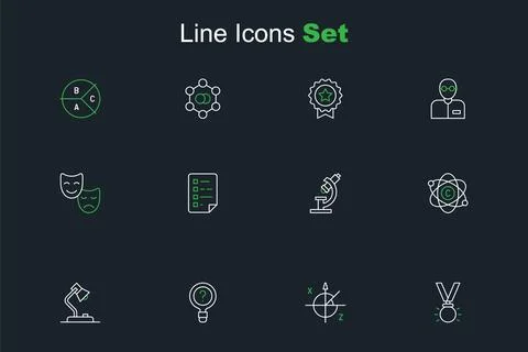 Set line Medal, Trigonometric circle, Unknown search, Table lamp, Atom, Mic.. Stock Illustration