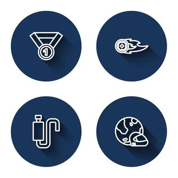 Set line Medal, Wheel in fire flame, Car muffler and Racing helmet with long Stock Illustration