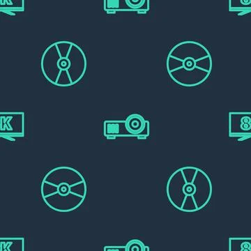 Set line Media projector, CD DVD disk and Screen tv with 8k on seamless pattern 库存插图