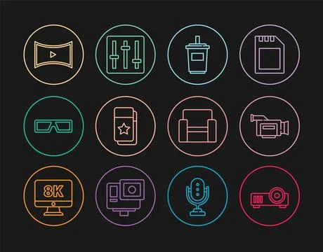 Set line Media projector, Cinema camera, Paper glass with water, ticket, 3D.. Stock Illustration