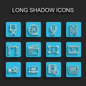 Set line Media projector, Laptop with 8k, Director movie chair, Play Video,.. Stock Illustration