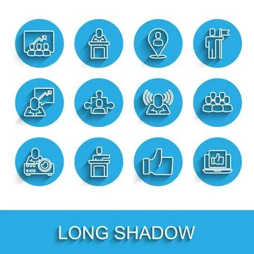 Set line Media projector, Speaker, Project team base, Hand like,  and Head .. Stock Illustration