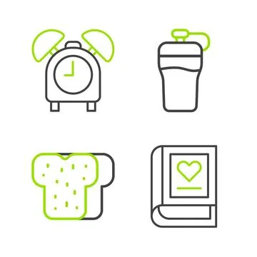 Set line Medical book, Bread toast, Fitness shaker and Alarm clock icon. Vect イラスト素材