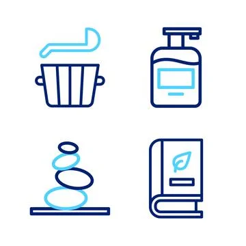 Set line Medical book, Stack hot stones, Bottle of liquid soap and Sauna bucket Stockillustratie