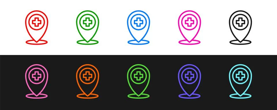 Set line Medical map pointer with cross hospital icon isolated on black and Stock Illustration