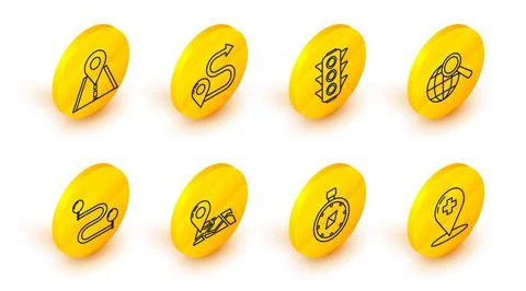 Set line Medical map pointer with cross hospital, Compass, Folded location Stock Illustration